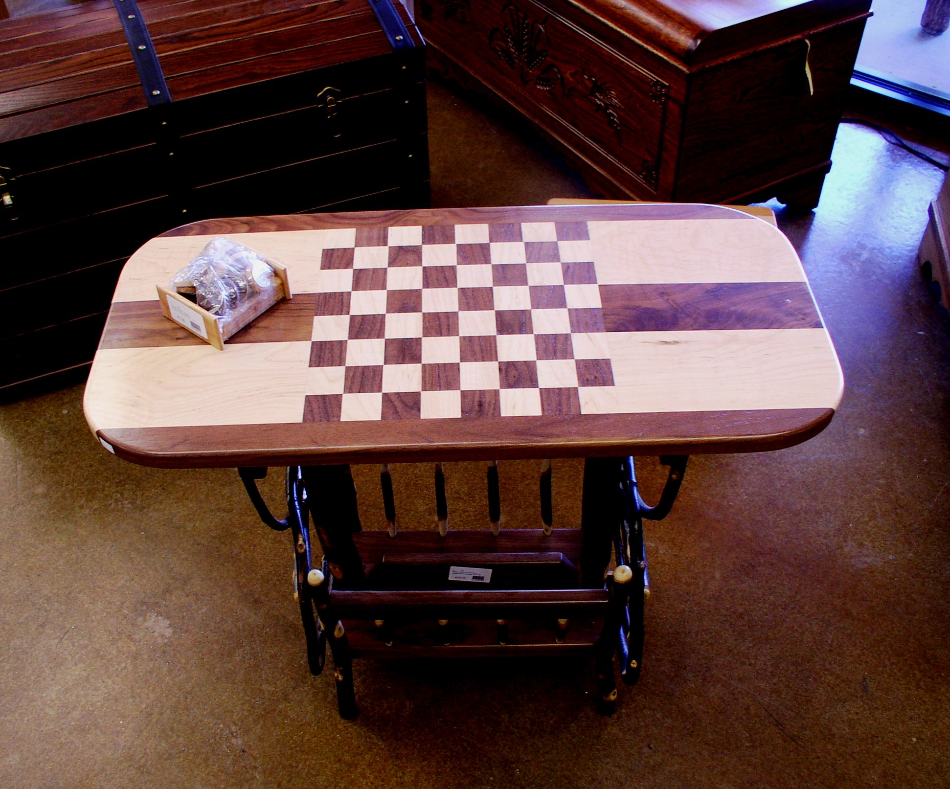 Rustic Checker Table with Magazine Rack